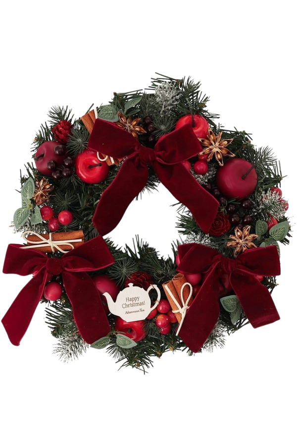 Afternoon Tea Large Christmas Wreath with Red Apples and Velvet Ribbon