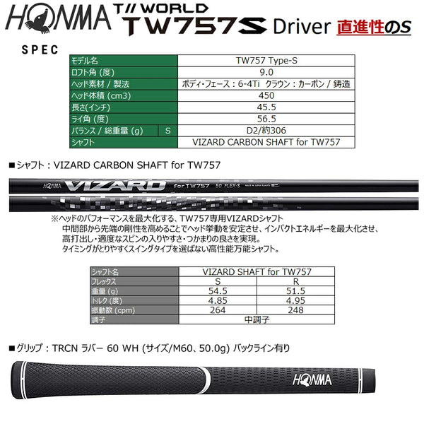 HONMA T//WORLD TW757 Type-S 2022 Driver Right-Hand 9° Adjustable Loft Titanium Head Vizard Carbon Shaft S-Flex