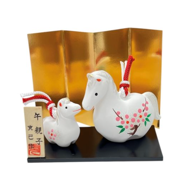 Kimura Ohshido Japanese Zodiac Horse Clay Bell Parent and Child Ornament