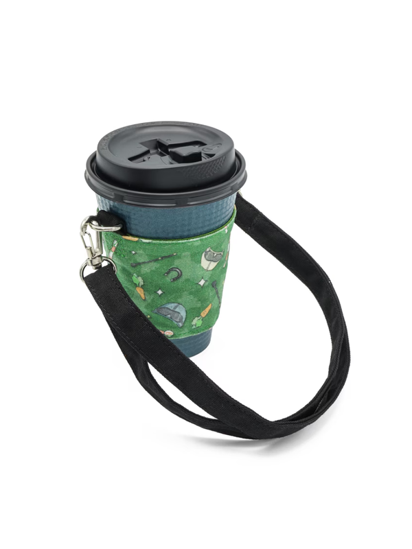 Reusable Cup Sleeve Holder Horse Tack Pattern Green with Strap