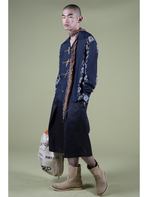 Kapital Silk Rayon Toggle Maile Print Long-Sleeve Open-Collar Shirt