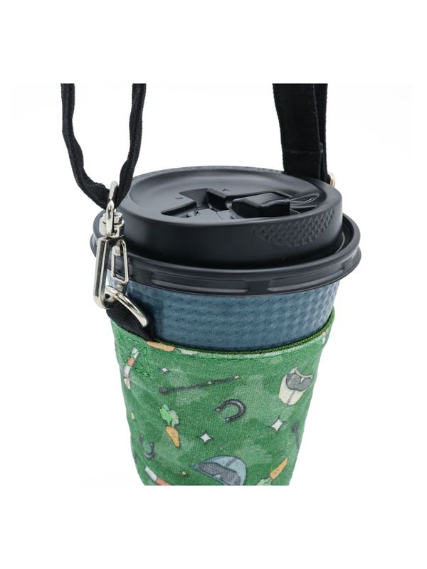 Reusable Cup Sleeve Holder Horse Tack Pattern Green with Strap