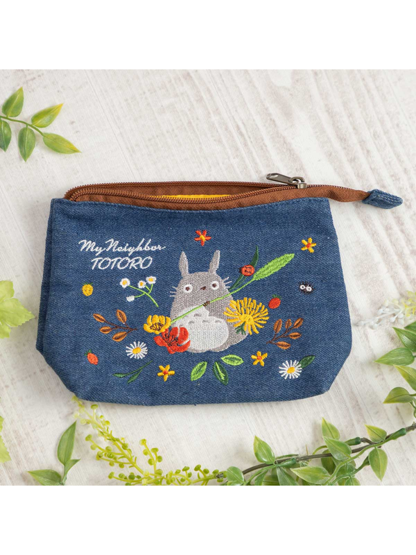 Totoro Denim Embroidered Pouch with Gusset
