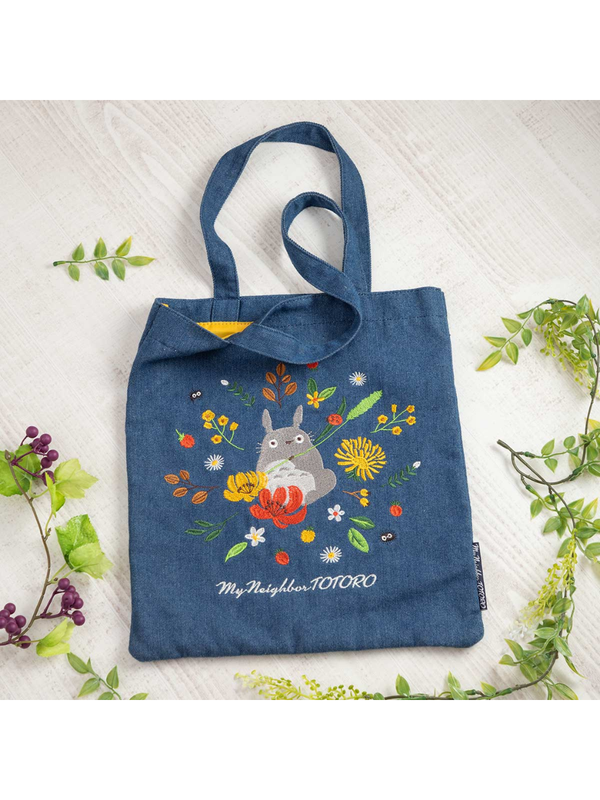 My Neighbor Totoro Denim Tote Bag Embroidered Floral Design