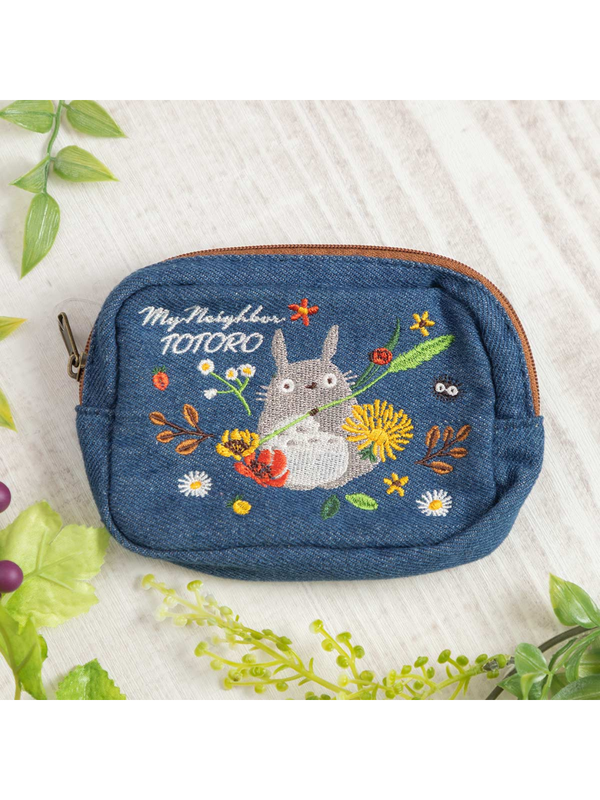 My Neighbor Totoro Denim Mini Pouch Embroidered Floral Design