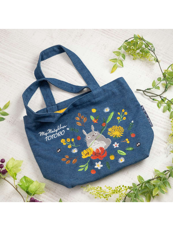 My Neighbor Totoro Denim Lunch Tote Bag Embroidered Floral Design