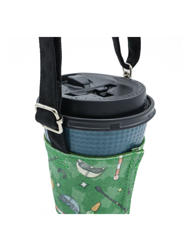 Reusable Cup Sleeve Holder Horse Tack Pattern Green with Strap