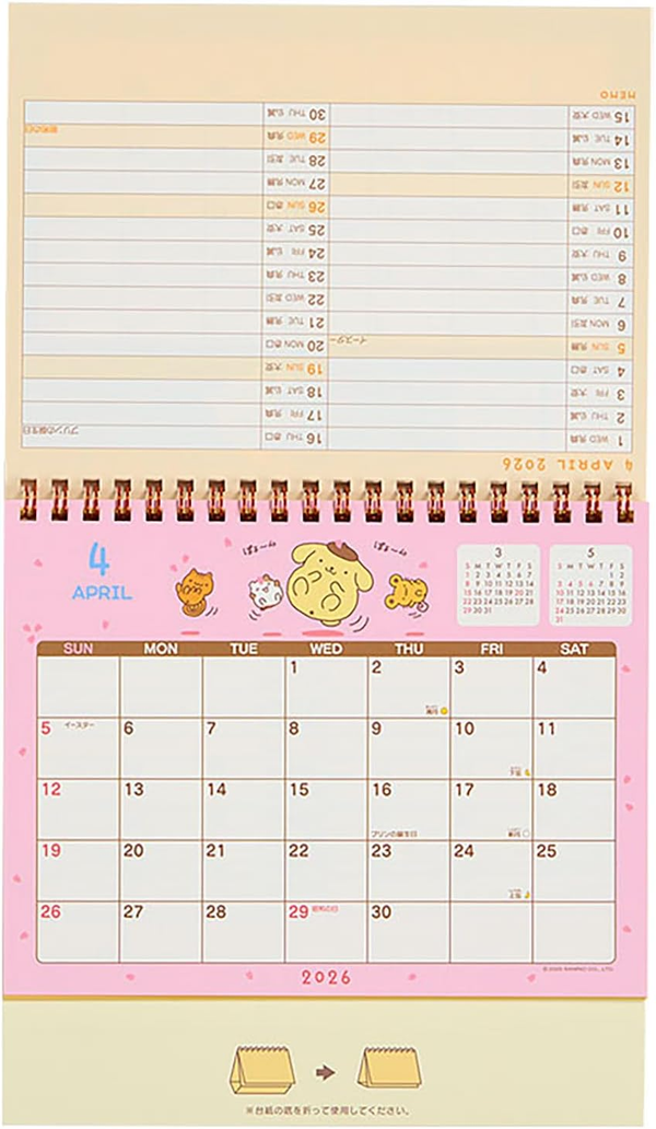 Sanrio 622087 Ring Calendar 2026 Pom Pom Pudding Tabletop Paper Calendar