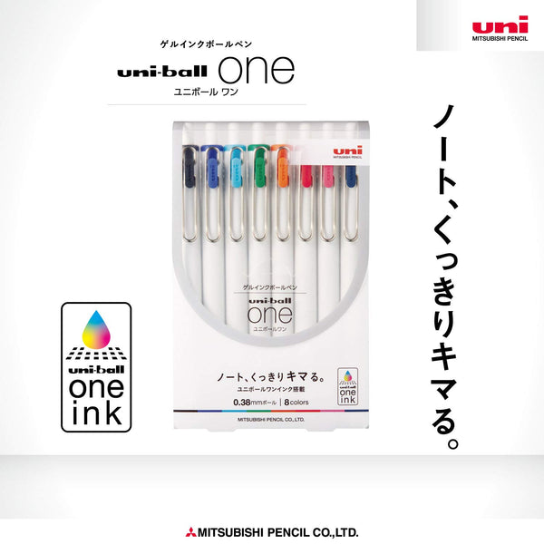 Mitsubishi Pencil uni-ball one Gel Ink Pen Set – 8 Colors, 0.38 mm (UMNS388C)