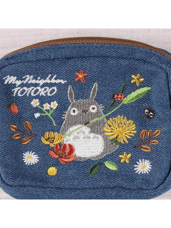 My Neighbor Totoro Denim Mini Pouch Embroidered Floral Design