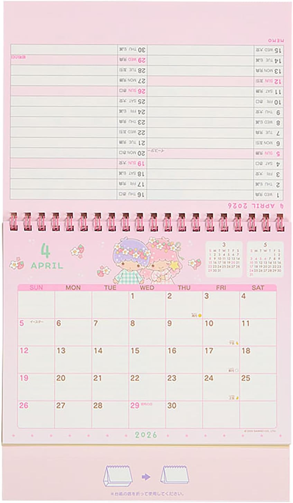 Sanrio 622061 Ring Calendar 2026 Little Twin Stars Kiki & Lala Tabletop Paper Calendar