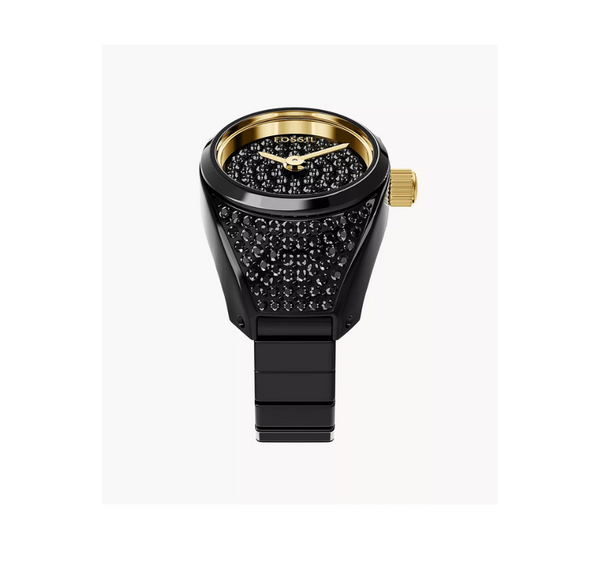 Black Pave Stainless Steel Watch Ring Quartz Two Hand Ring Watch
