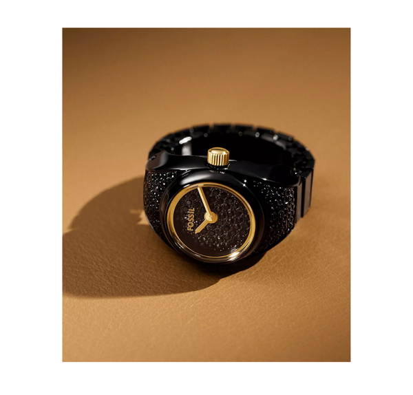 Black Pave Stainless Steel Watch Ring Quartz Two Hand Ring Watch