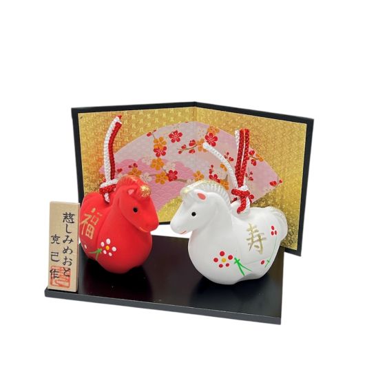 Kimura Ohshido Zodiac Horse “Affectionate Couple” Clay Bell Figurine