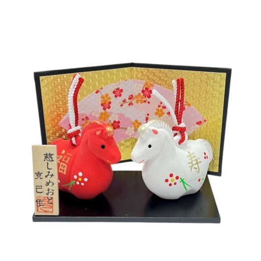 Kimura Ohshido Zodiac Horse “Affectionate Couple” Clay Bell Figurine