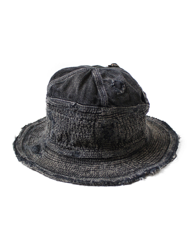 Kapital 11.5oz Black x Black Denim Old Man and the Sea Hat (Distressed Remake) Cap