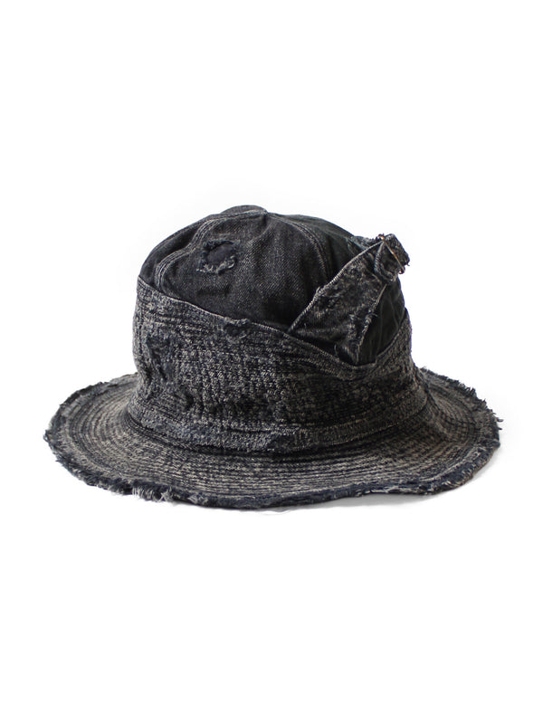 Kapital 11.5oz Black x Black Denim Old Man and the Sea Hat (Distressed Remake) Cap