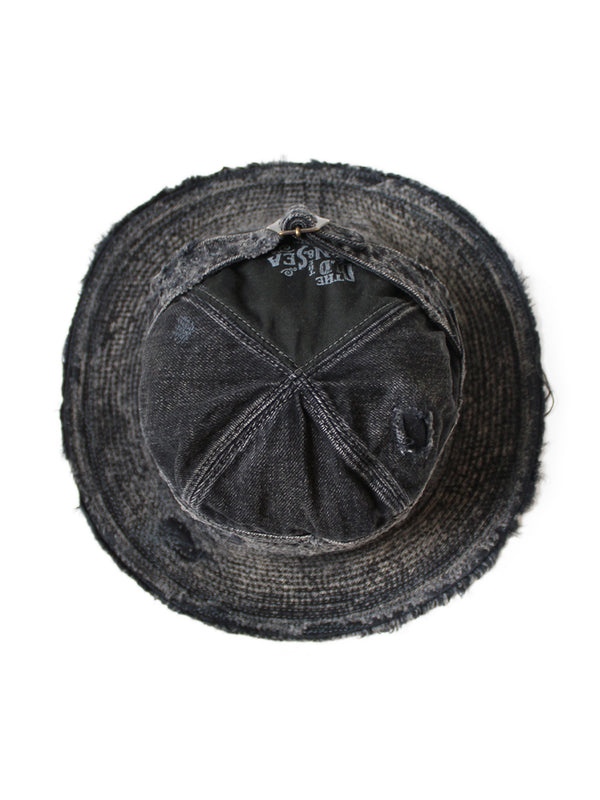 Kapital 11.5oz Black x Black Denim Old Man and the Sea Hat (Distressed Remake) Cap
