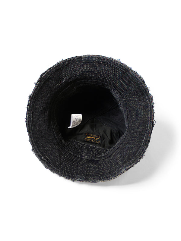 Kapital 11.5oz Black x Black Denim Old Man and the Sea Hat (Distressed Remake) Cap