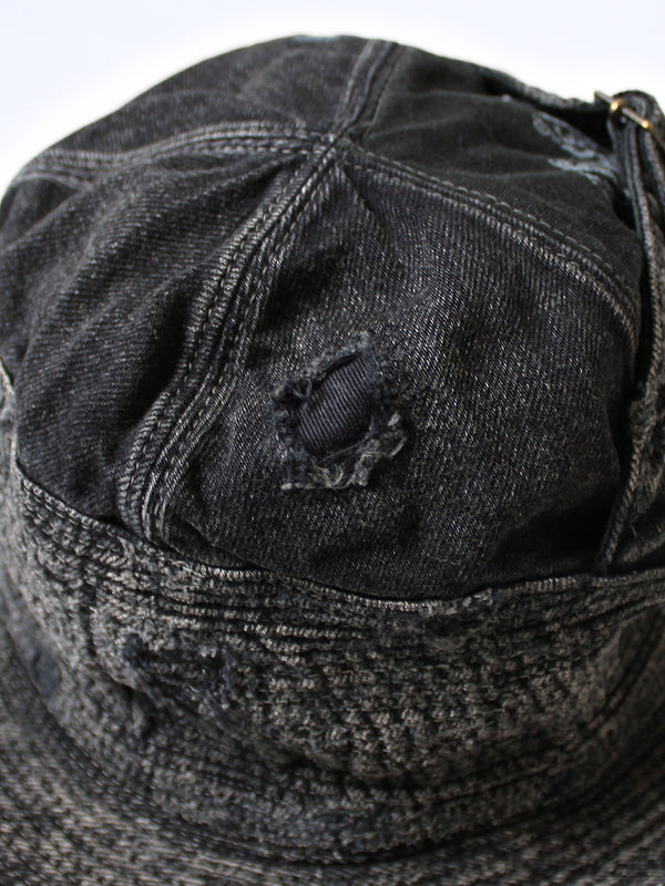 Kapital 11.5oz Black x Black Denim Old Man and the Sea Hat (Distressed Remake) Cap