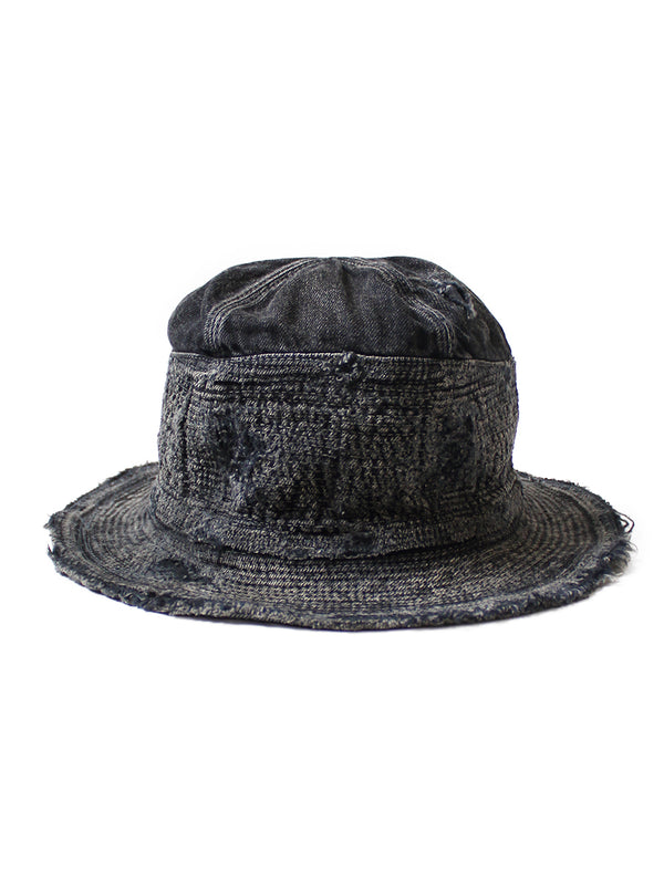 Kapital 11.5oz Black x Black Denim Old Man and the Sea Hat (Distressed Remake) Cap