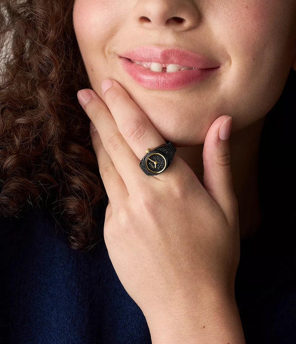 Black Pave Stainless Steel Watch Ring Quartz Two Hand Ring Watch