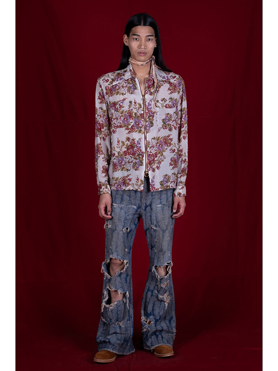 Mame Kurogouchi：Marble Print Open‐Collar Shirt - WHITE