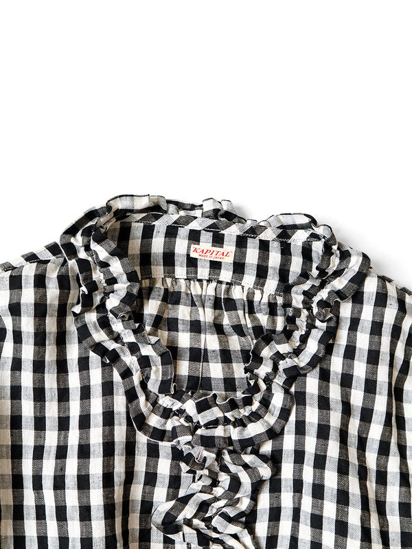 Kapital twill gingham V-neck ruffle belted shirt women