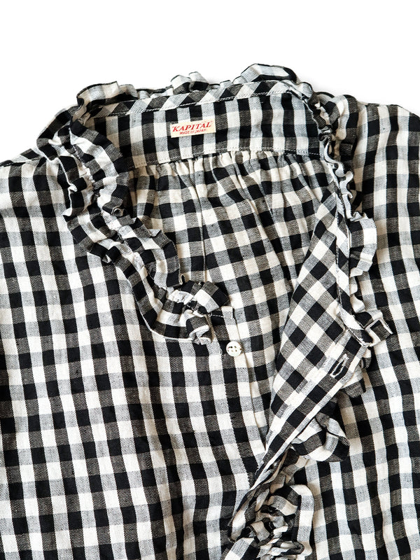 Kapital twill gingham V-neck ruffle belted shirt women