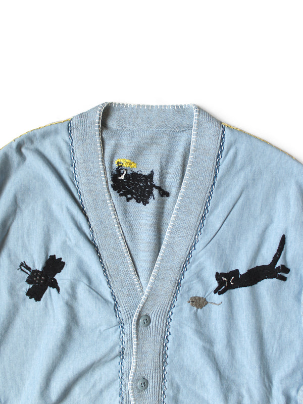 Kapital Knit and Chambray Cardigan (Crow and Cat Embroidery)