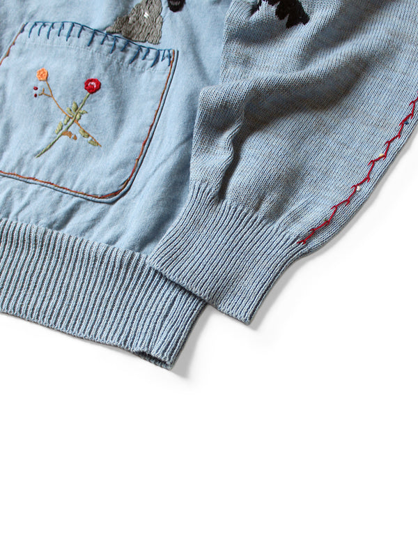 Kapital Knit and Chambray Cardigan (Crow and Cat Embroidery)