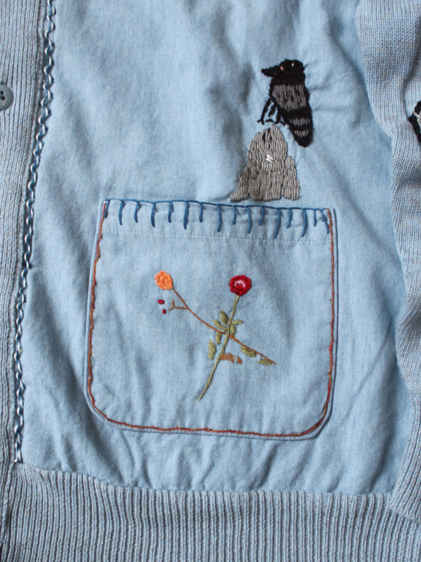 Kapital Knit and Chambray Cardigan (Crow and Cat Embroidery)