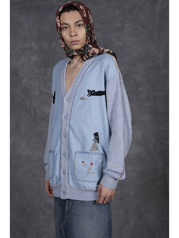 Kapital Knit and Chambray Cardigan (Crow and Cat Embroidery)