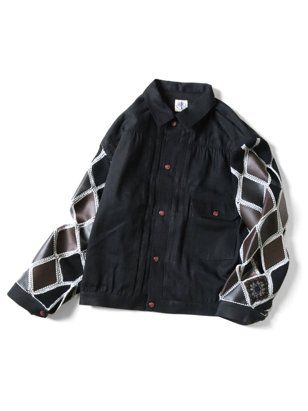 Kapital 11.5oz Black x Black Denim Hippy Crochet Sleeve 1ST JKT Jacket