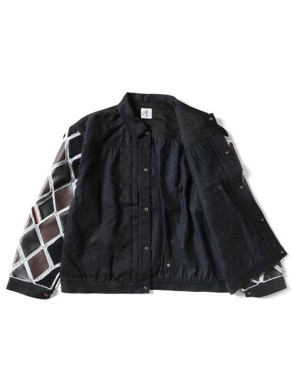 Kapital 11.5oz Black x Black Denim Hippy Crochet Sleeve 1ST JKT Jacket
