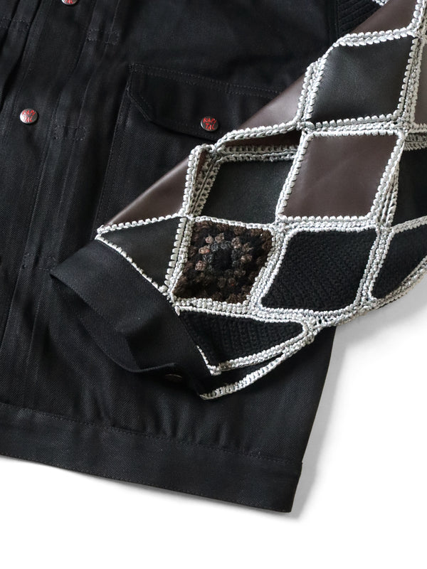 Kapital 11.5oz Black x Black Denim Hippy Crochet Sleeve 1ST JKT Jacket
