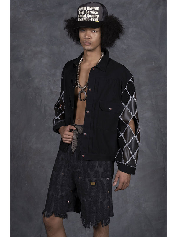 Kapital 11.5oz Black x Black Denim Hippy Crochet Sleeve 1ST JKT Jacket