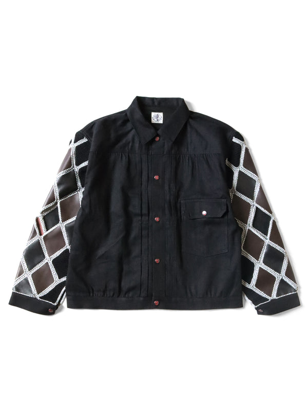 Kapital 11.5oz Black x Black Denim Hippy Crochet Sleeve 1ST JKT Jacket