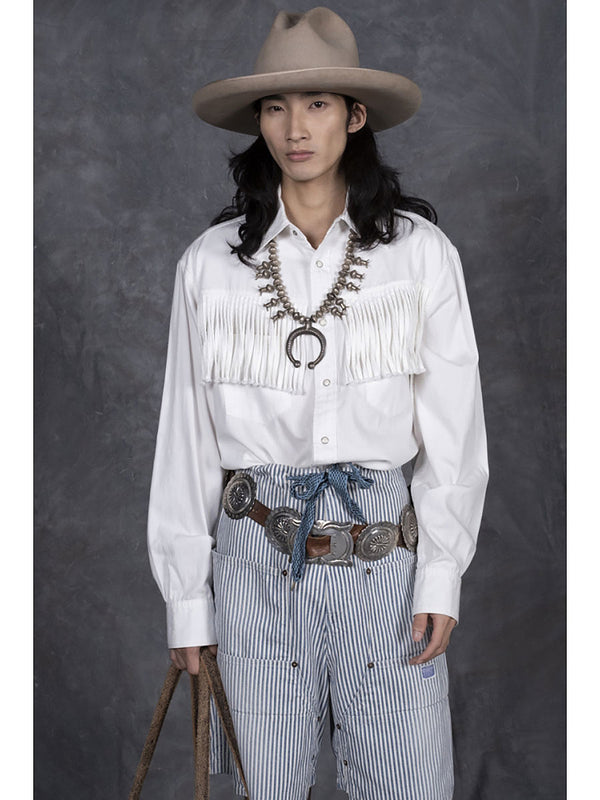 Kapital 5.5oz White Denim Fringe Husky Western Shirt long sleeve