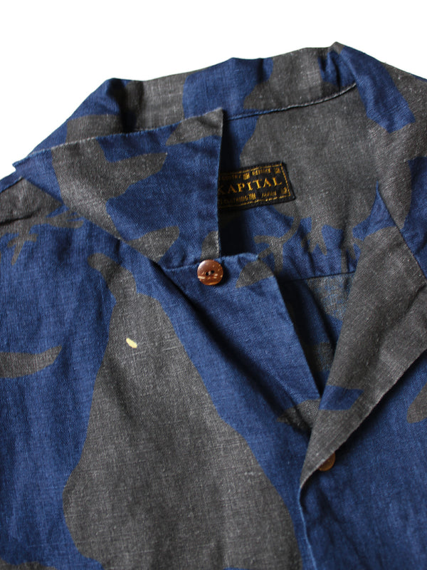 Kapital French Cross Linen GUIDING LIGHT Crow Discharge Print Aloha Shirt