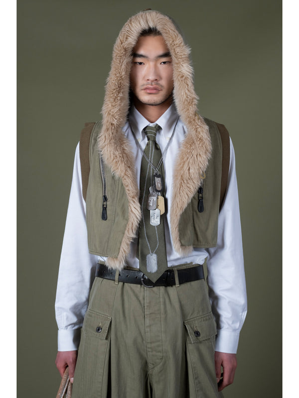 Kapital Herringbone Hoodie with Faux Fur Vest