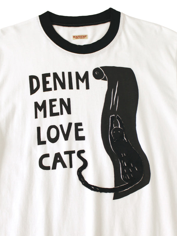 Kapital 20/- Jersey Ringer T-shirt (DENIM MEN LOVE CATS scratch print) Tee