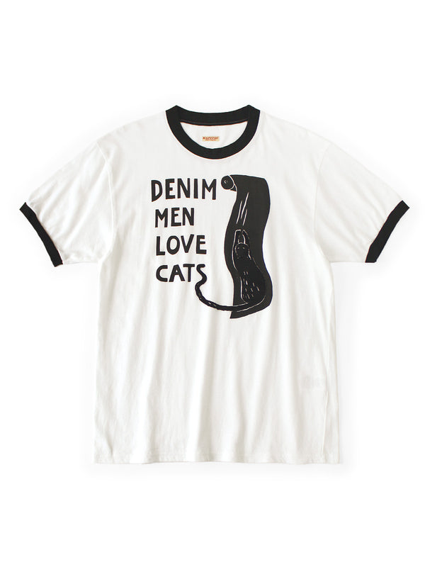 Kapital 20/- Jersey Ringer T-shirt (DENIM MEN LOVE CATS scratch print) Tee