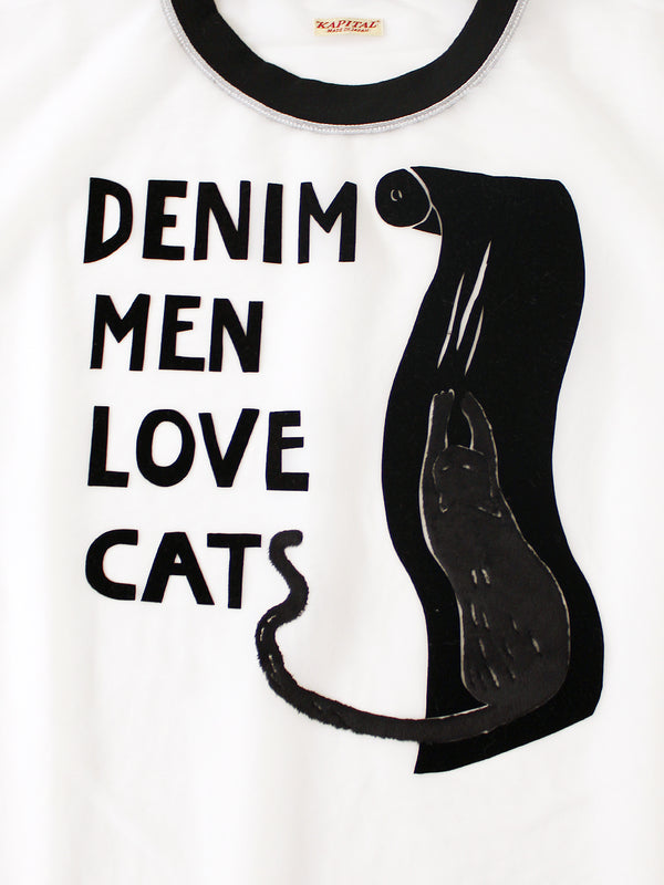 Kapital Sheer Jersey x 20/- Jersey Ringer T-shirt (DENIM MEN LOVE CATS Scratch Print)