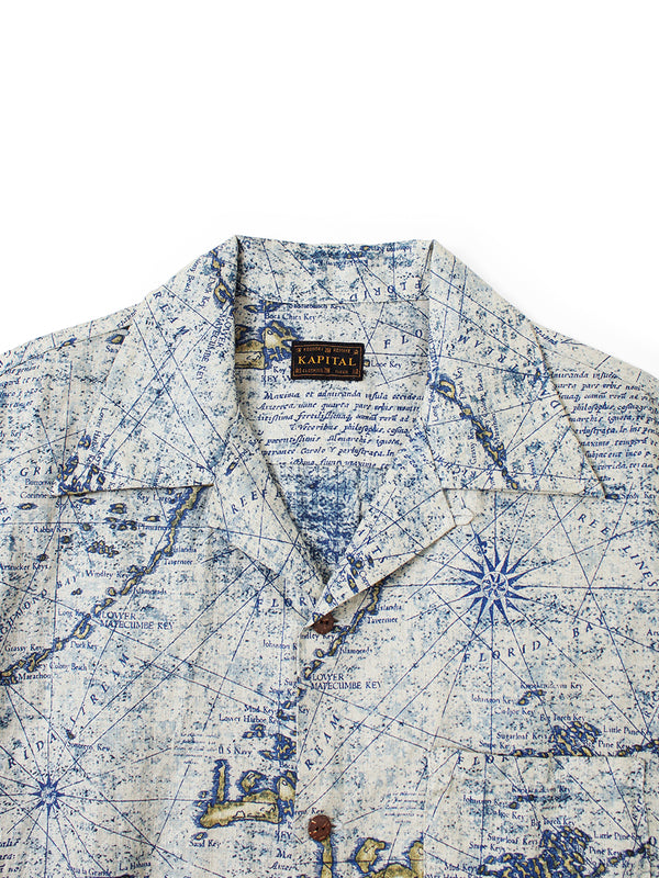 Kapital French Cross Linen Discharge Print Key West Pattern Short-Sleeve Shirt Open-Collar