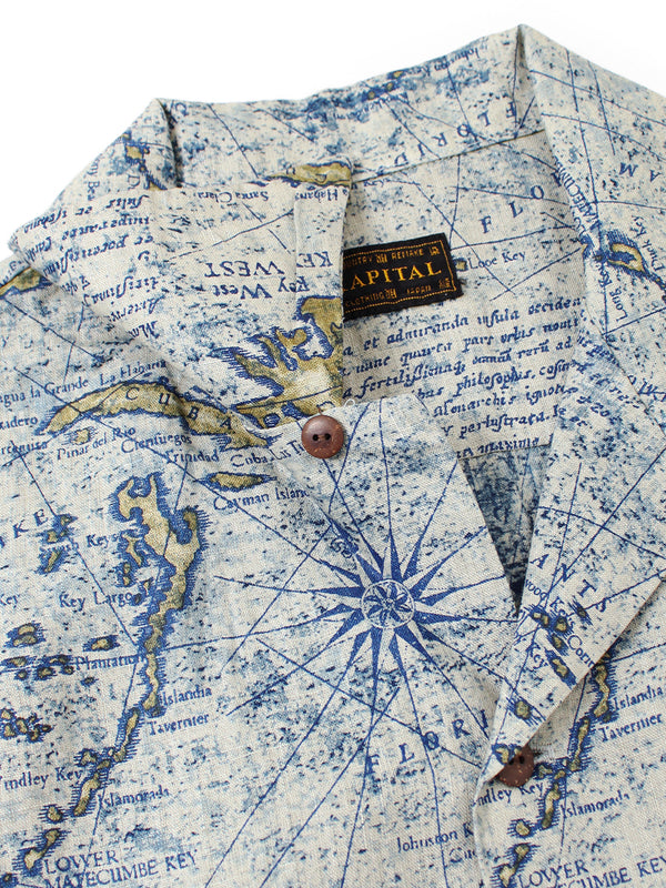 Kapital French Cross Linen Discharge Print Key West Pattern Short-Sleeve Shirt Open-Collar