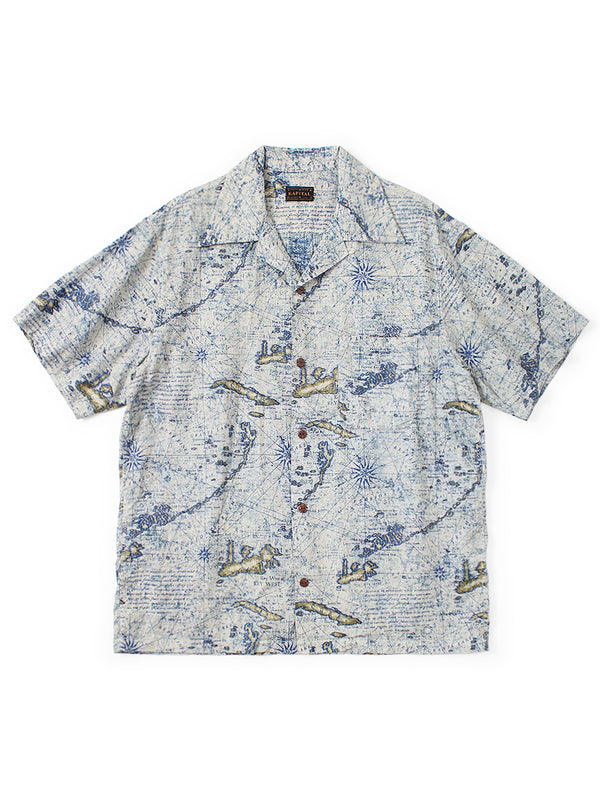 Kapital French Cross Linen Discharge Print Key West Pattern Short-Sleeve Shirt Open-Collar