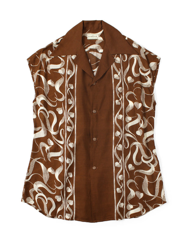 Kapital Silk Rayon Okra Pattern French Sleeve Open Collar Shirt Women