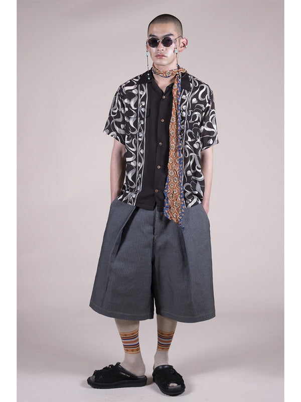 Kapital Silk Rayon Okra Pattern Short-Sleeved Open-Collar Shirt