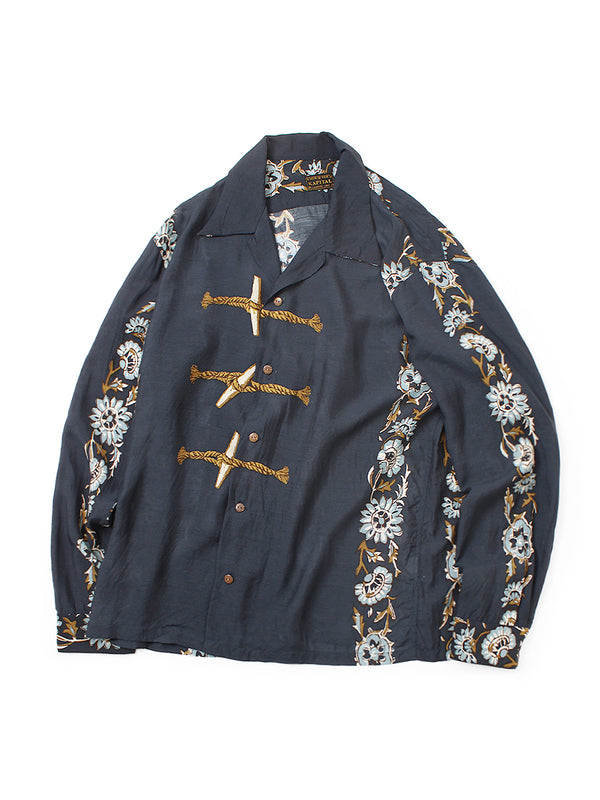 Kapital Silk Rayon Toggle Maile Print Long-Sleeve Open-Collar Shirt